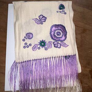 Burberry London Cashmere Silk Scarf Purple Floral Embroidered Fringe Ivory